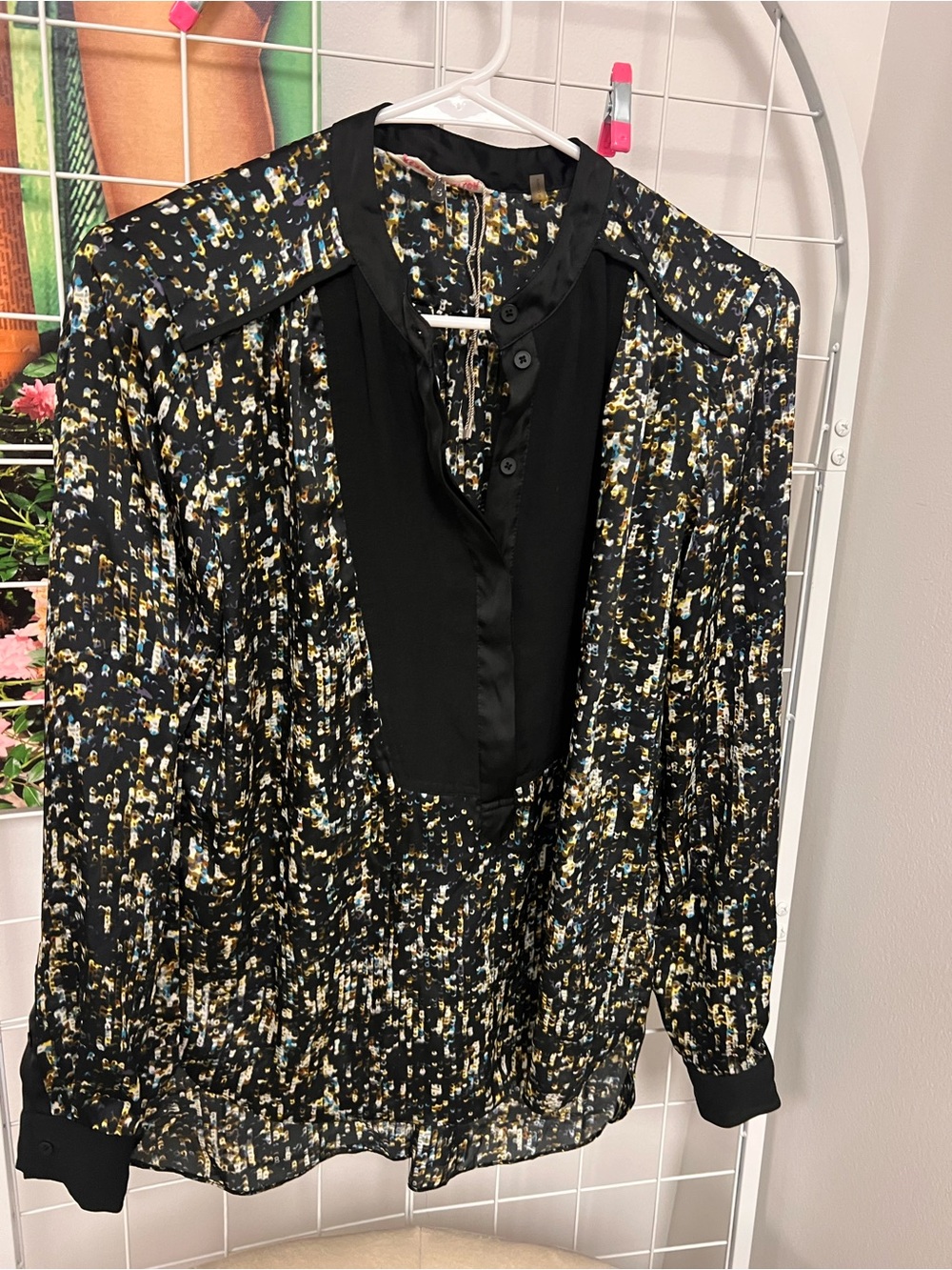 Rebecca Taylor Black Abstract Dotted Long-Sleeve Blouse